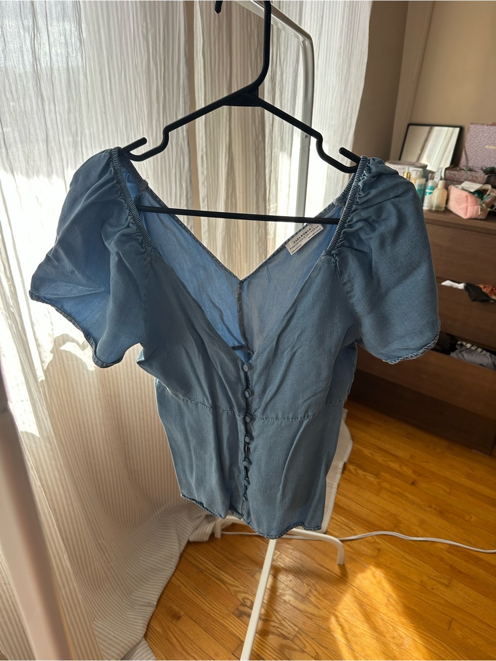 Light Blue Button-Front Puff Sleeve Top